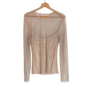 Aqua Metallic Studded Mesh Beige Long Sleeve Top size XL